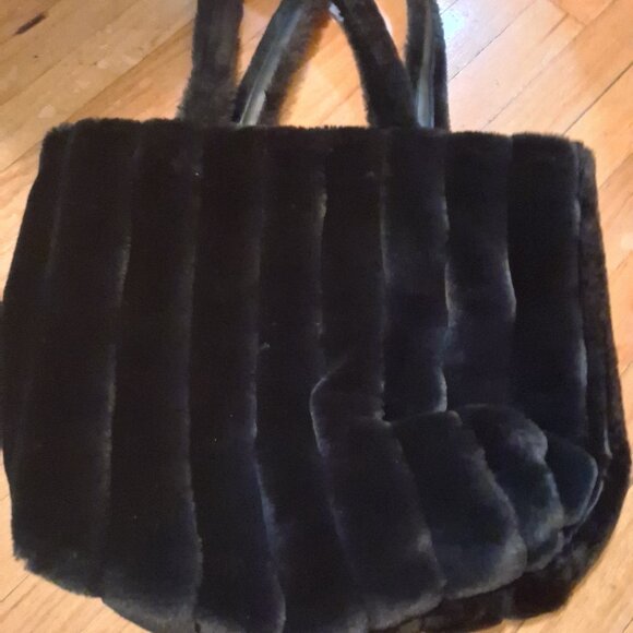 Victoria’s Secret Black Faux Furry Fur Purse Bag Gold VS Tote - Picture 2 of 3